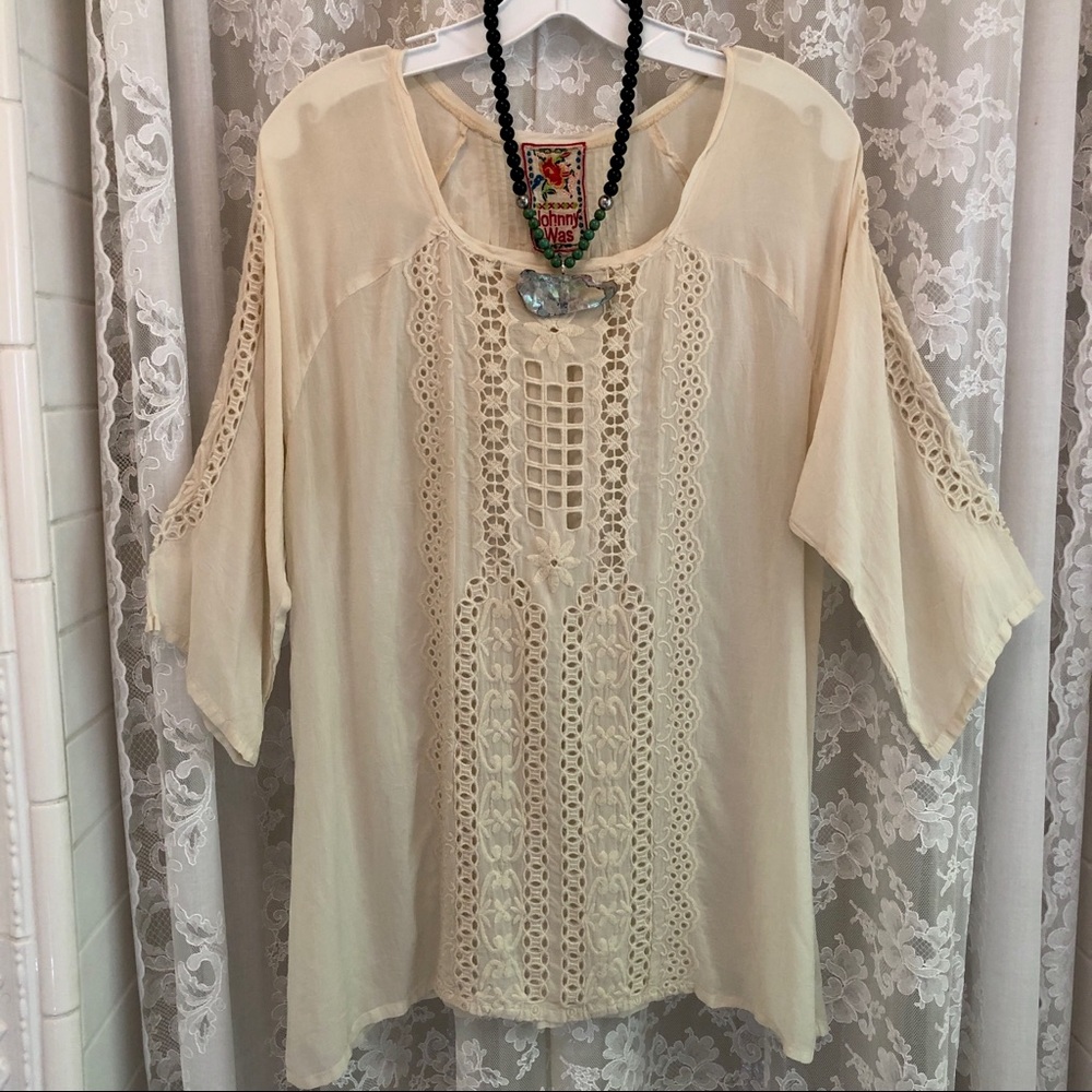 JOHNNY WAS * NWOT Buttercream Eyelet Lace Sheer Cupra Rayon Top